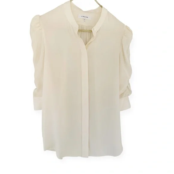 Frame • Shirred Sleeve Silk Button Down Top - Picture 6 of 13